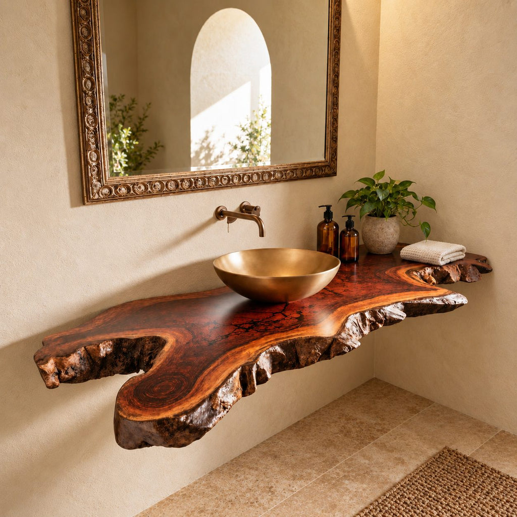 Organic Live Edge Floating Bathroom Vanity Top With Natural Burl Edge