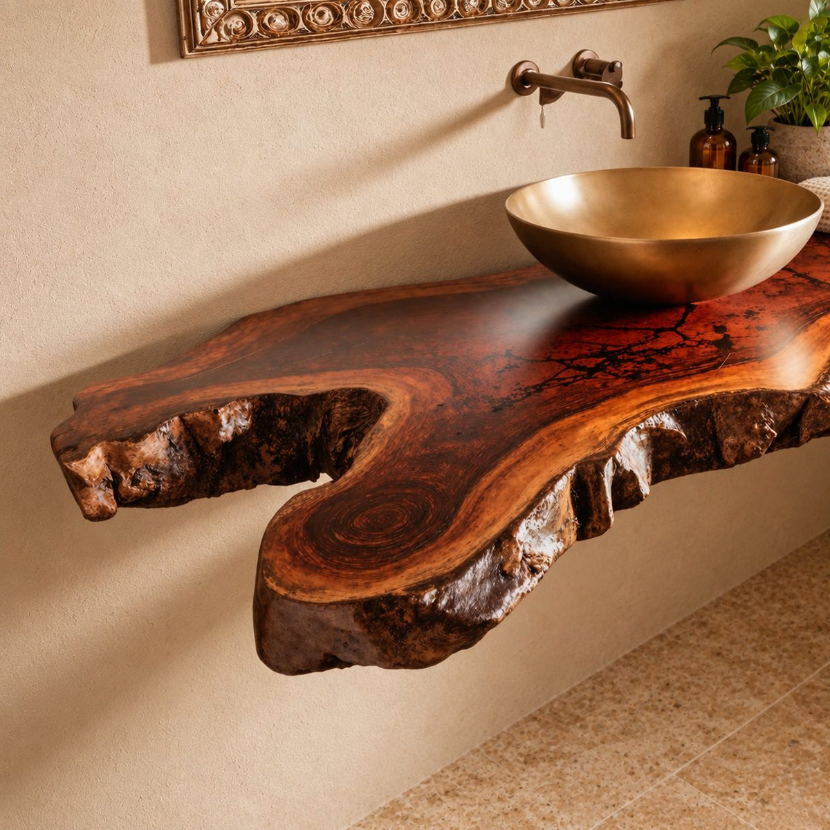 Organic Live Edge Floating Bathroom Vanity Top With Natural Burl Edge