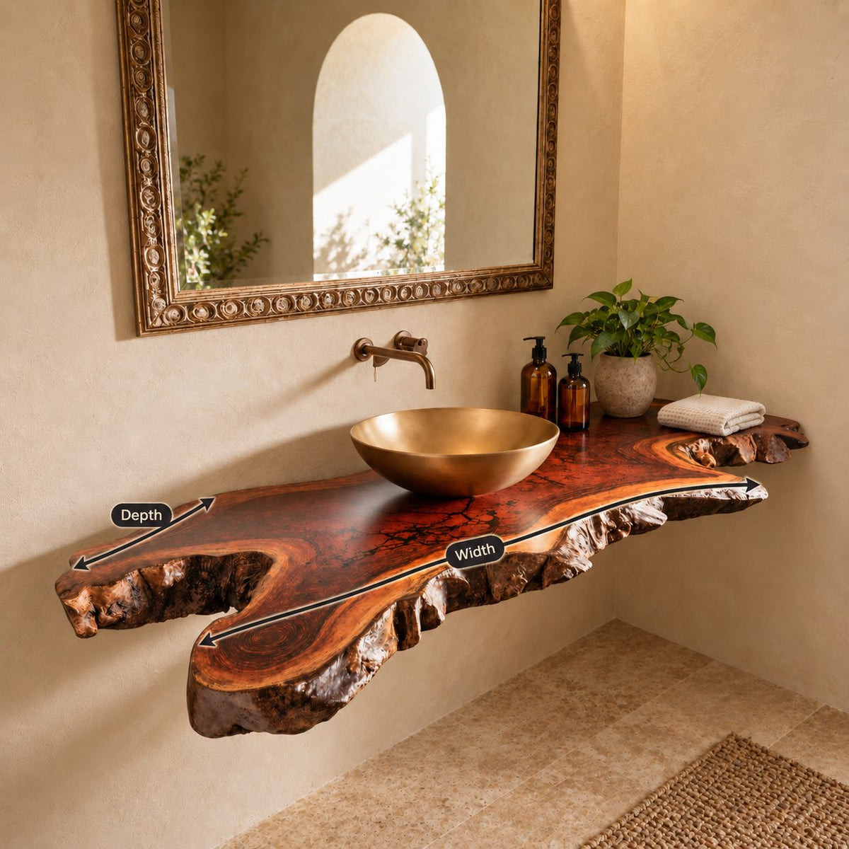 Organic Live Edge Floating Bathroom Vanity Top With Natural Burl Edge