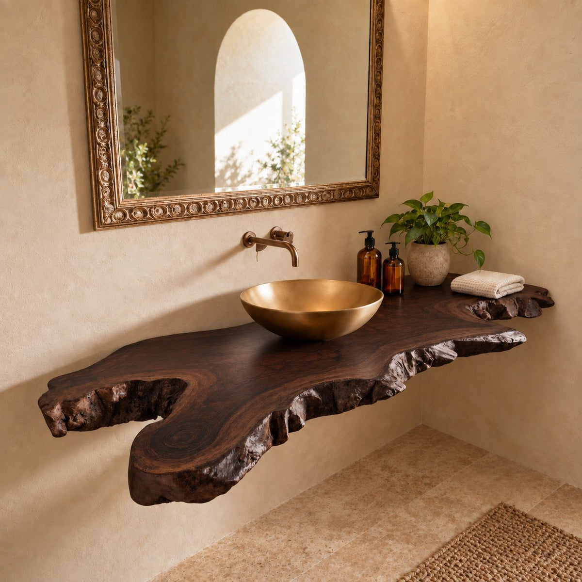 Organic Live Edge Floating Bathroom Vanity Top With Natural Burl Edge