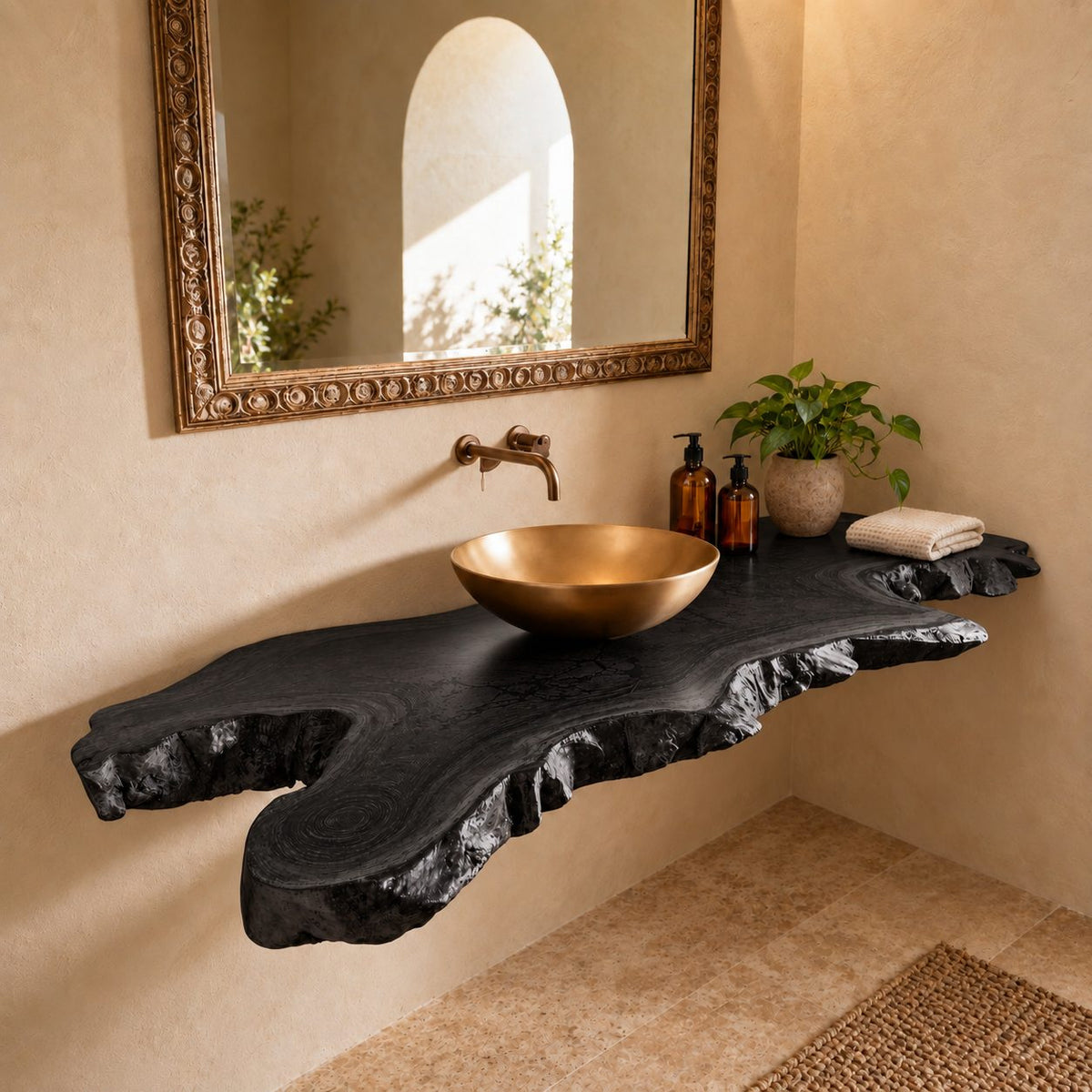 Organic Live Edge Floating Bathroom Vanity Top With Natural Burl Edge
