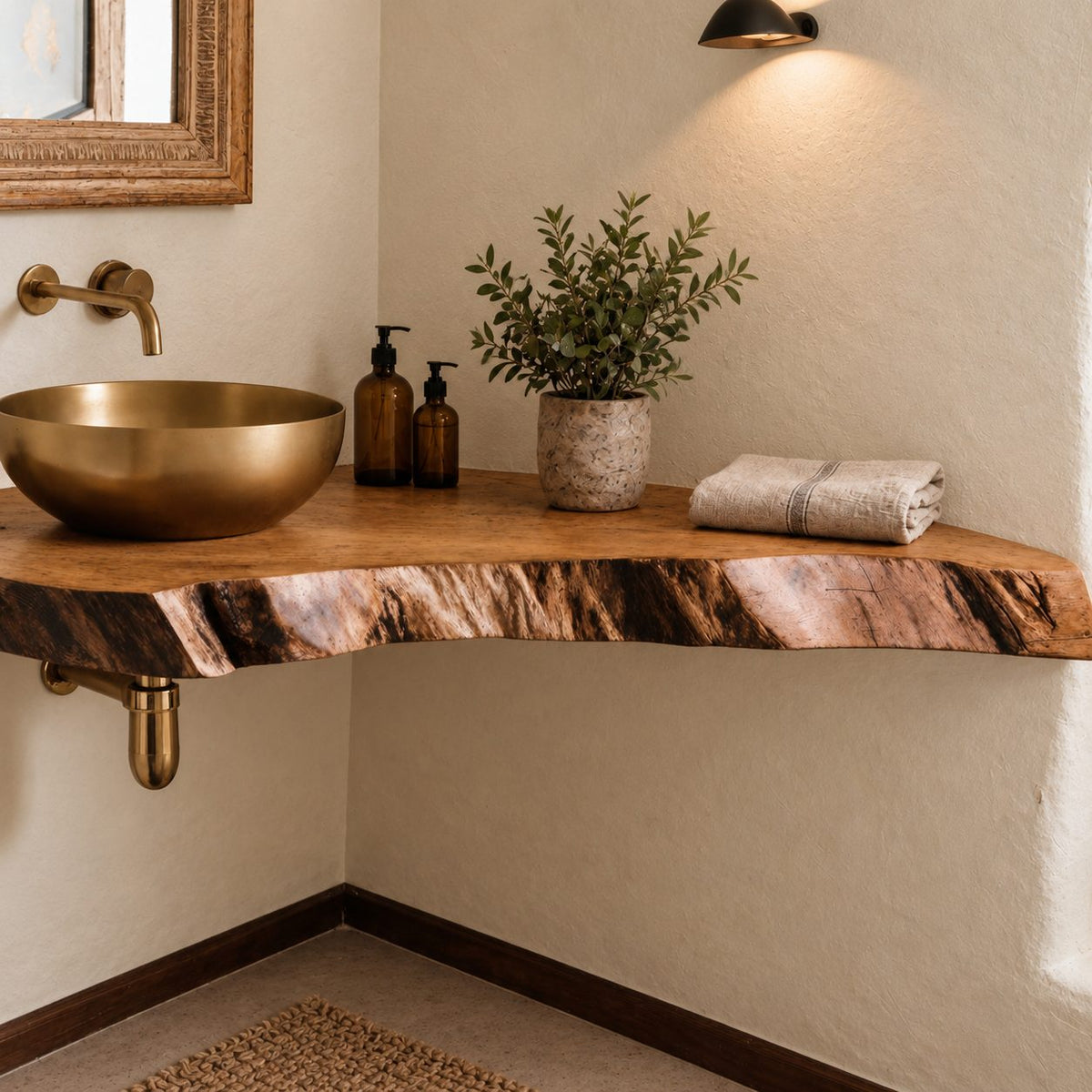 Handcrafted Live Edge Corner Floating Bathroom Vanity Shelf