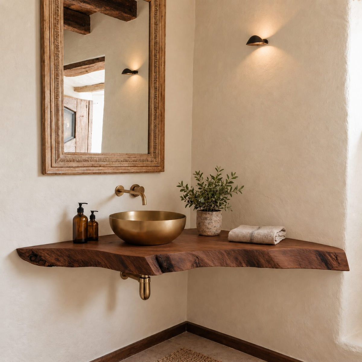 Handcrafted Live Edge Corner Floating Bathroom Vanity Shelf