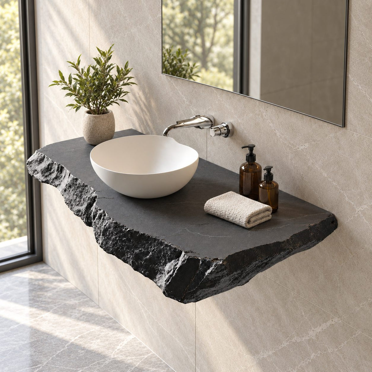 Modern Rough Edge Floating Bathroom Vanity Shelf With Chunky Profile