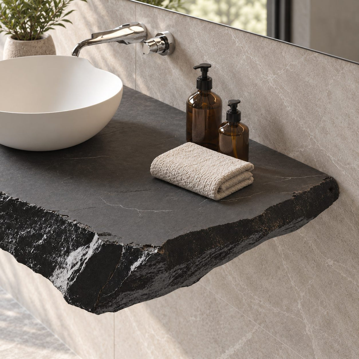 Modern Rough Edge Floating Bathroom Vanity Shelf With Chunky Profile