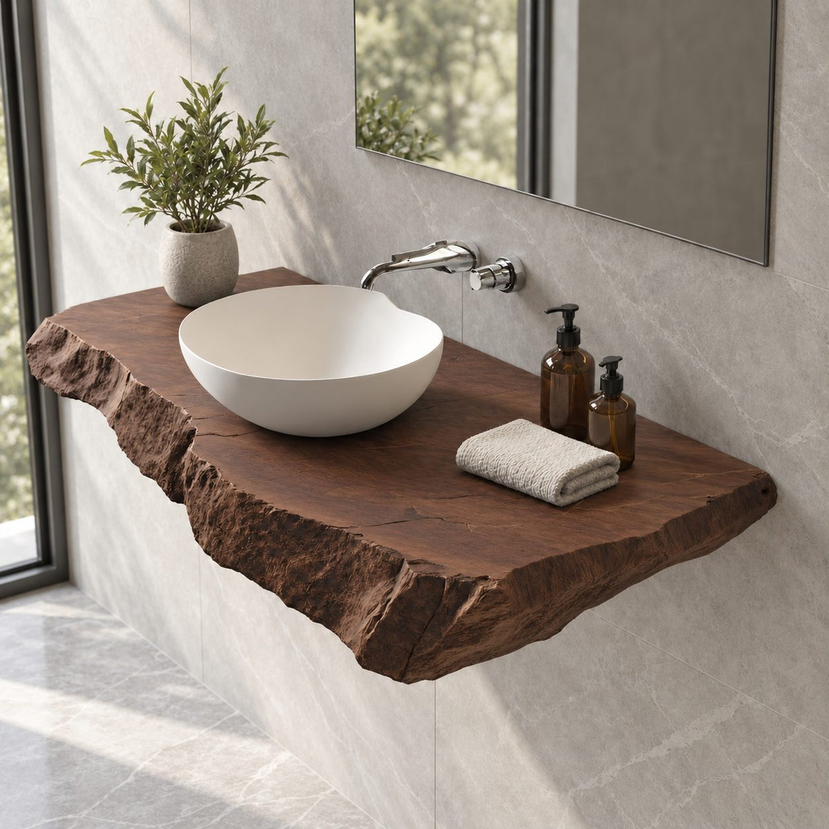 Modern Rough Edge Floating Bathroom Vanity Shelf With Chunky Profile