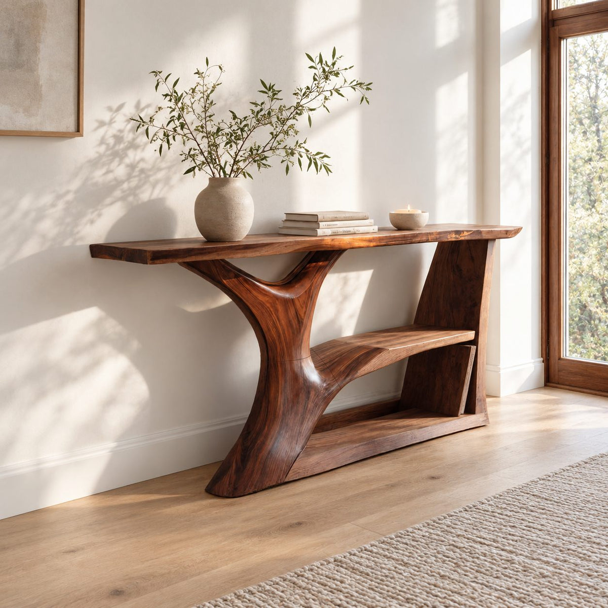 Contemporary Tree Trunk Console Table With Lower Shelf For Living Room