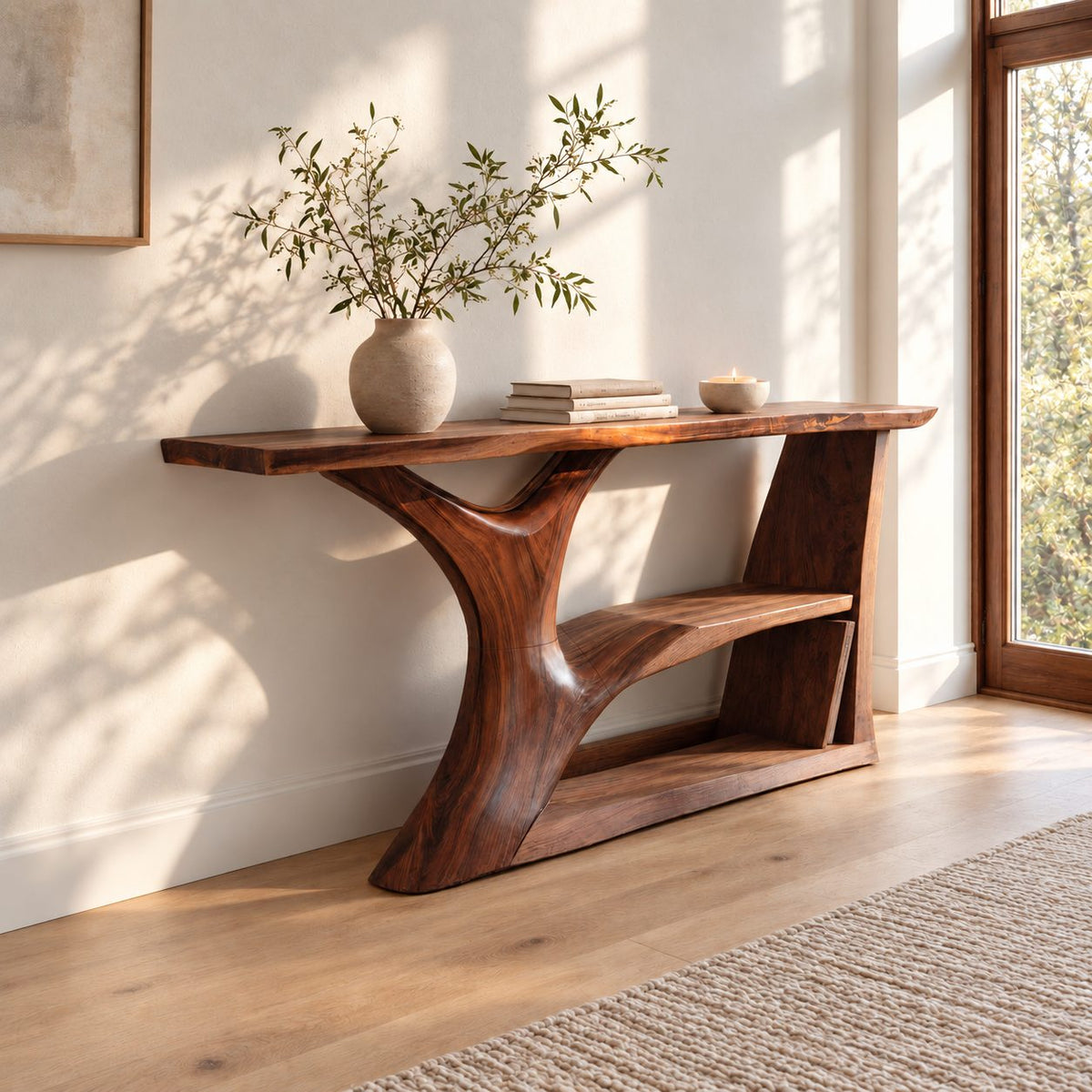 Contemporary Tree Trunk Console Table With Lower Shelf For Living Room