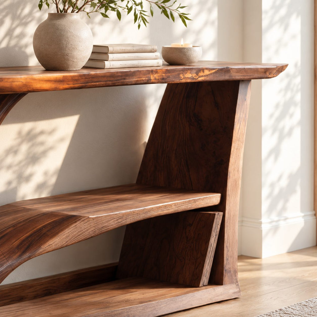 Contemporary Tree Trunk Console Table With Lower Shelf For Living Room