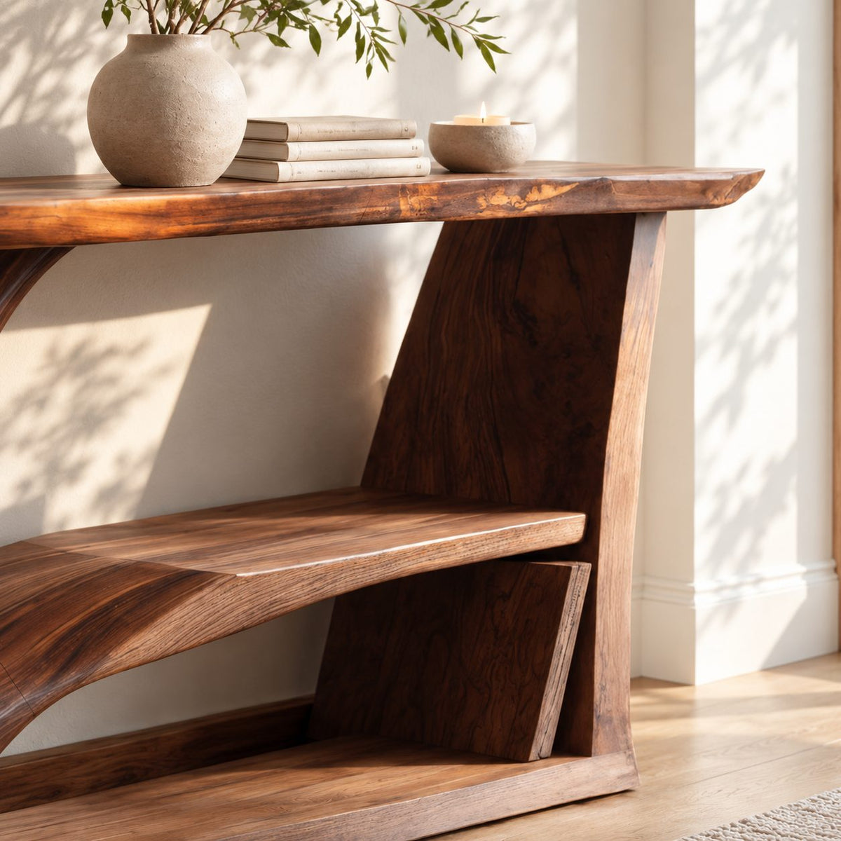 Contemporary Tree Trunk Console Table With Lower Shelf For Living Room