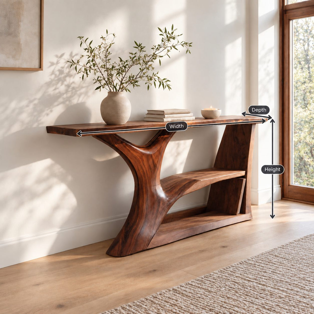 Contemporary Tree Trunk Console Table With Lower Shelf For Living Room