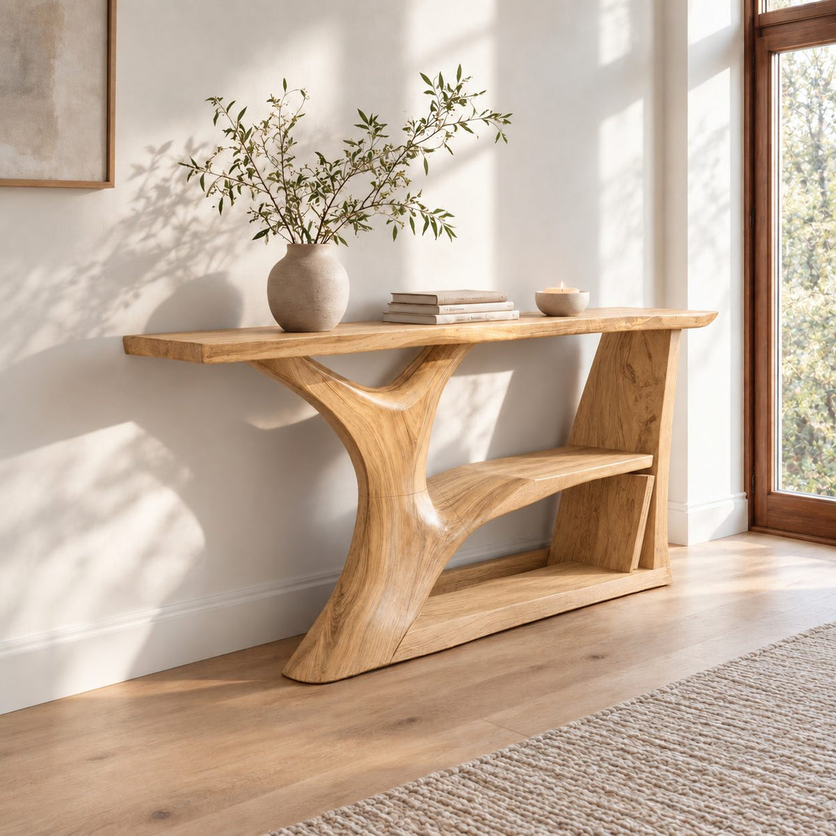 Contemporary Tree Trunk Console Table With Lower Shelf For Living Room