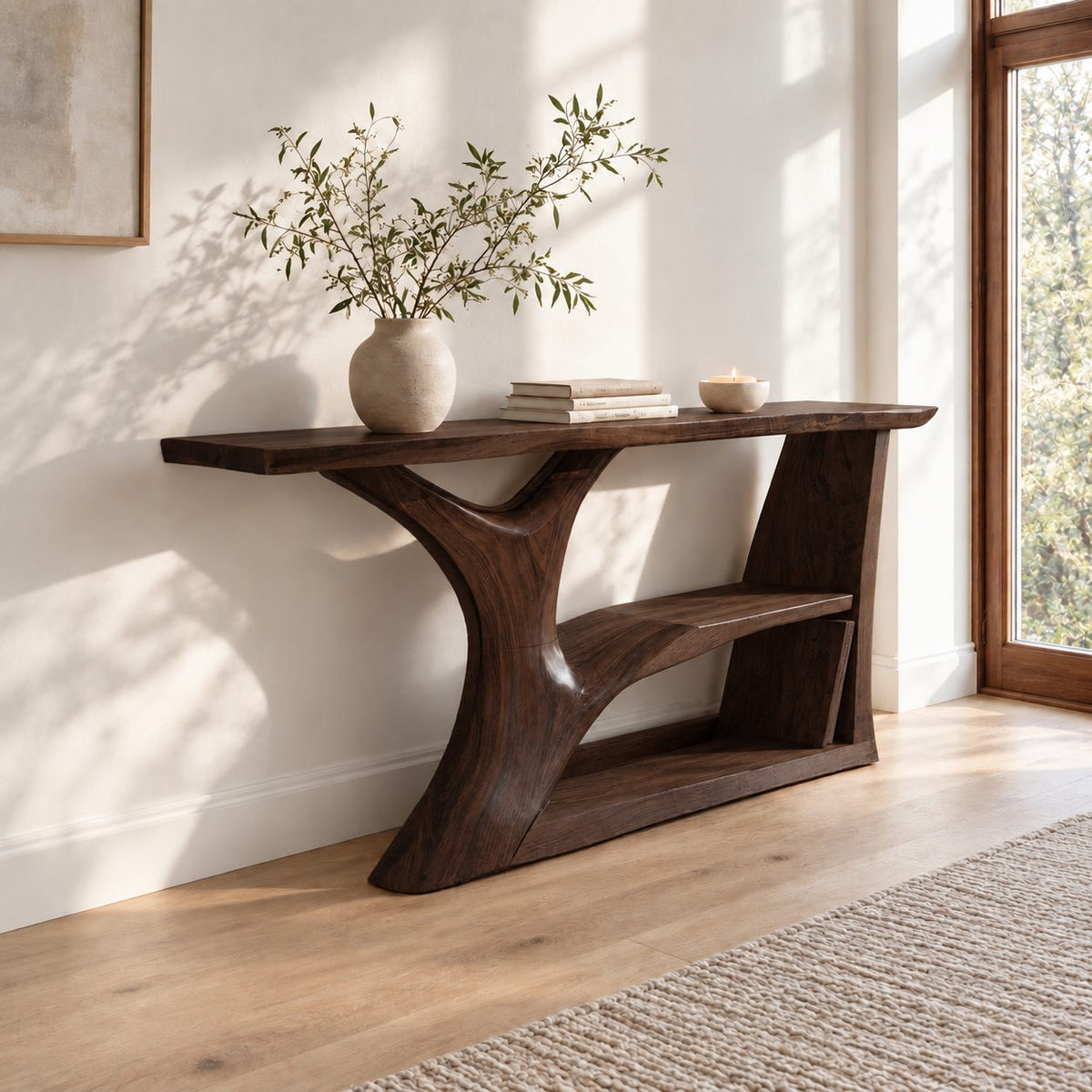 Contemporary Tree Trunk Console Table With Lower Shelf For Living Room