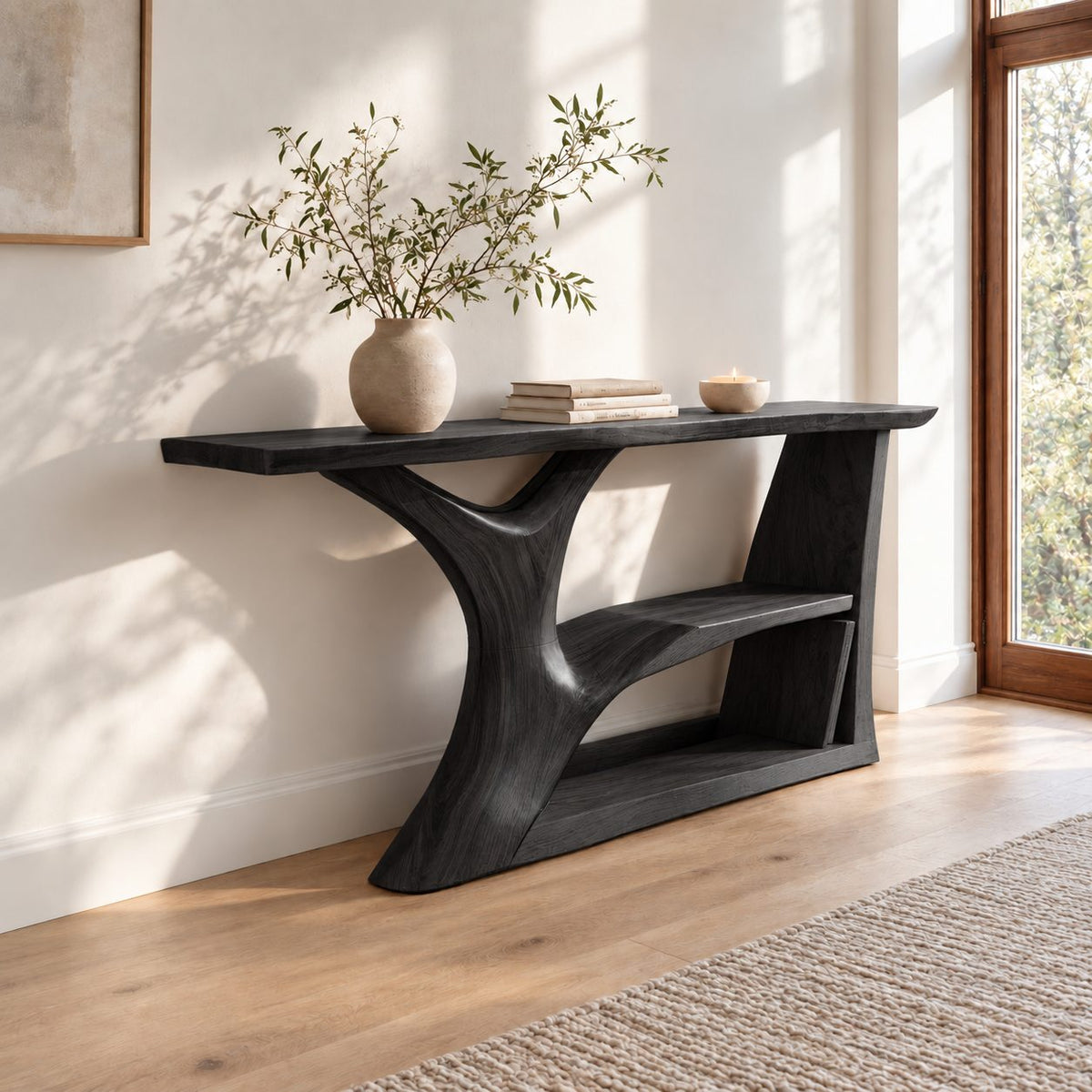 Contemporary Tree Trunk Console Table With Lower Shelf For Living Room