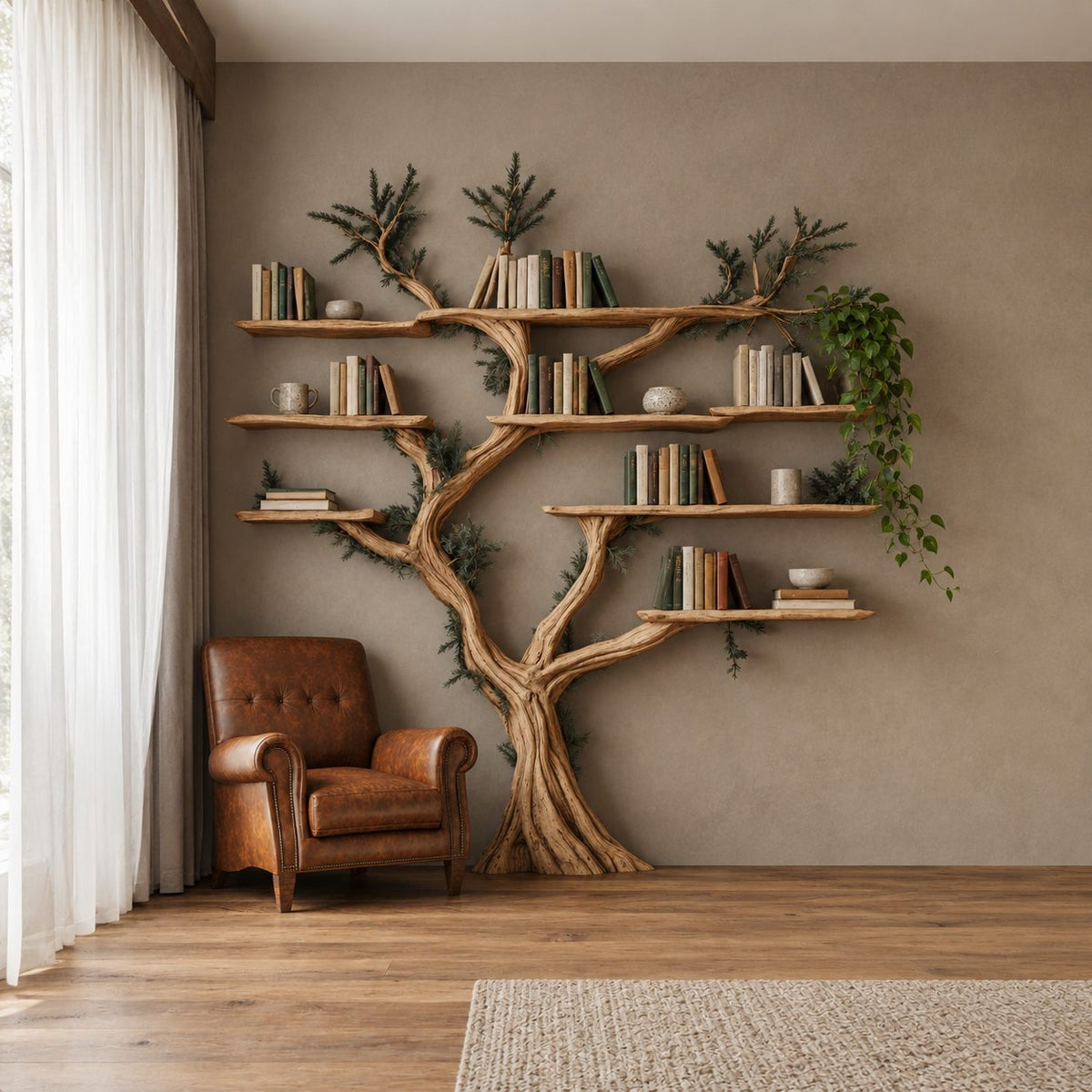 Farmhouse Driftwood Tree Bookshelf With Branch Shelves For Living Room