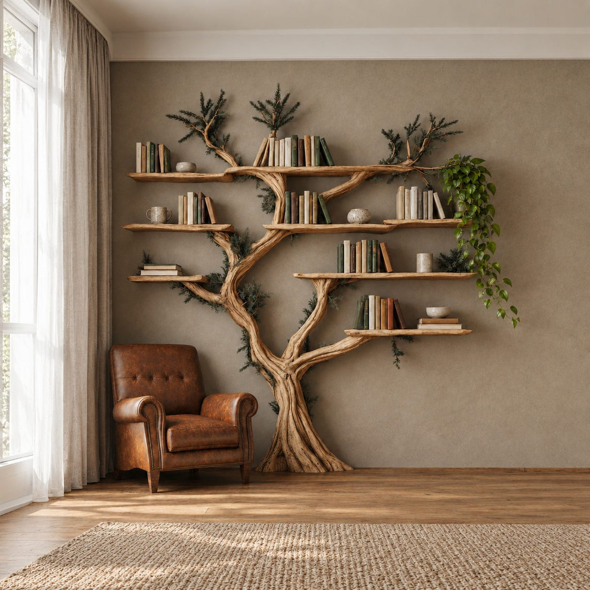 Farmhouse Driftwood Tree Bookshelf With Branch Shelves For Living Room