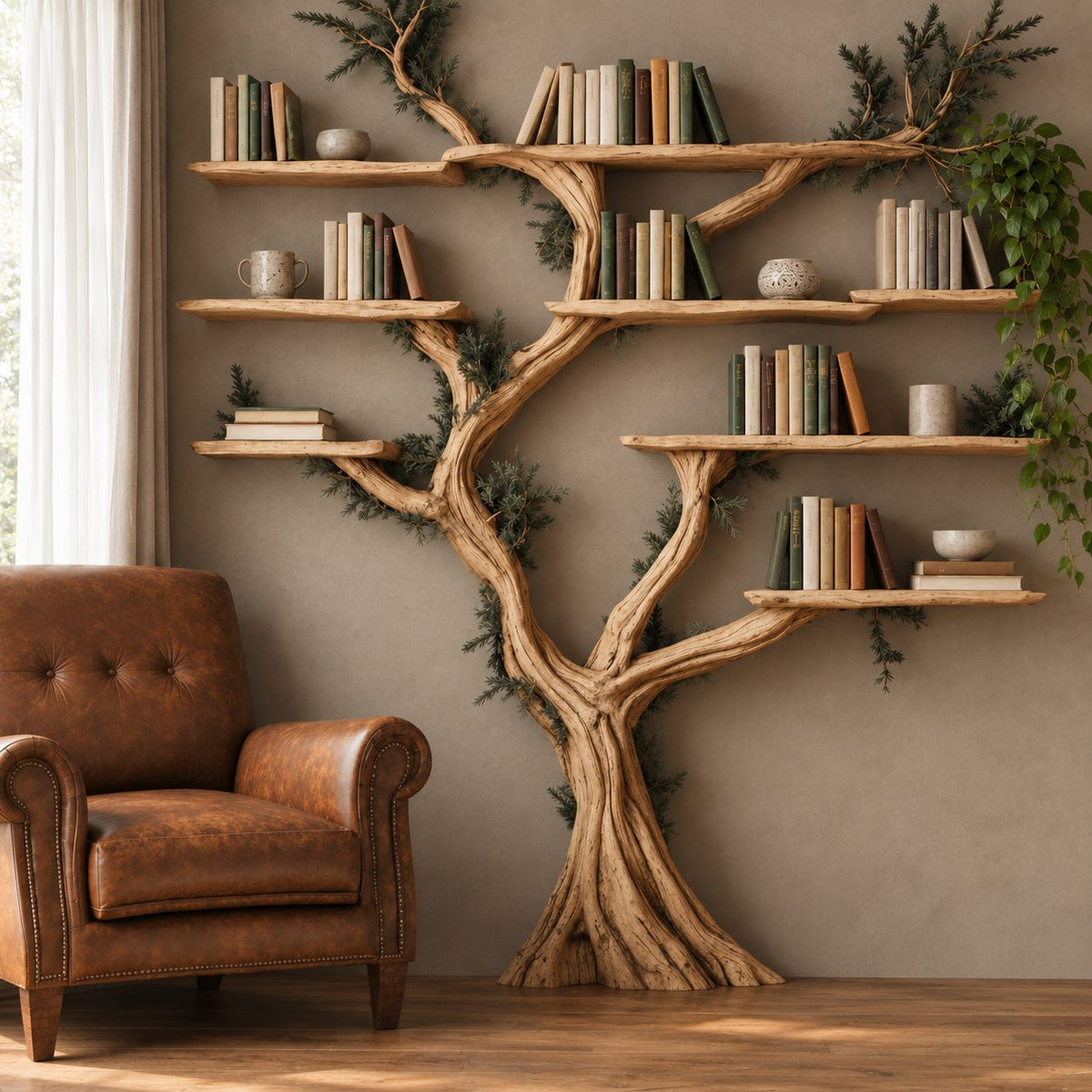 Farmhouse Driftwood Tree Bookshelf With Branch Shelves For Living Room