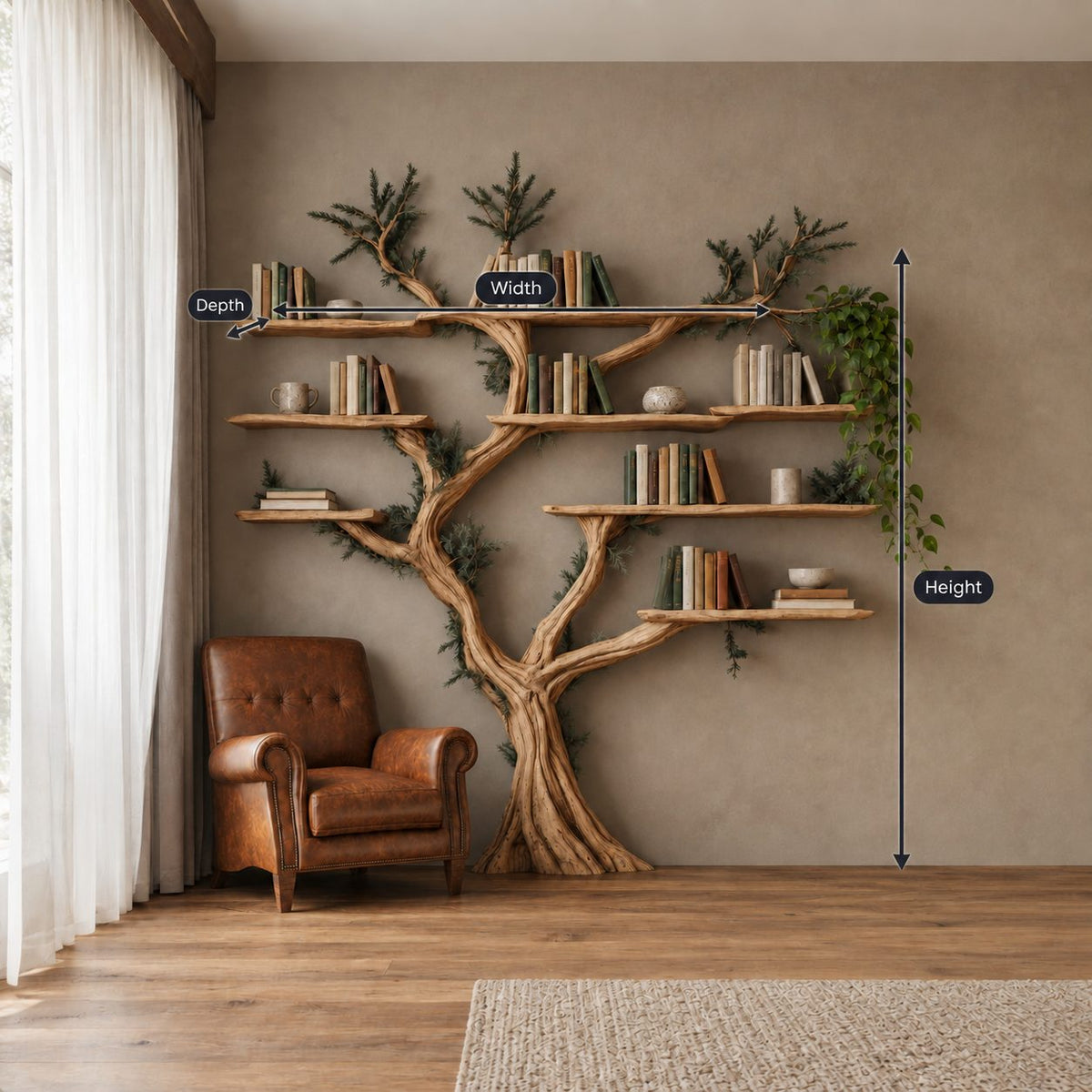 Farmhouse Driftwood Tree Bookshelf With Branch Shelves For Living Room