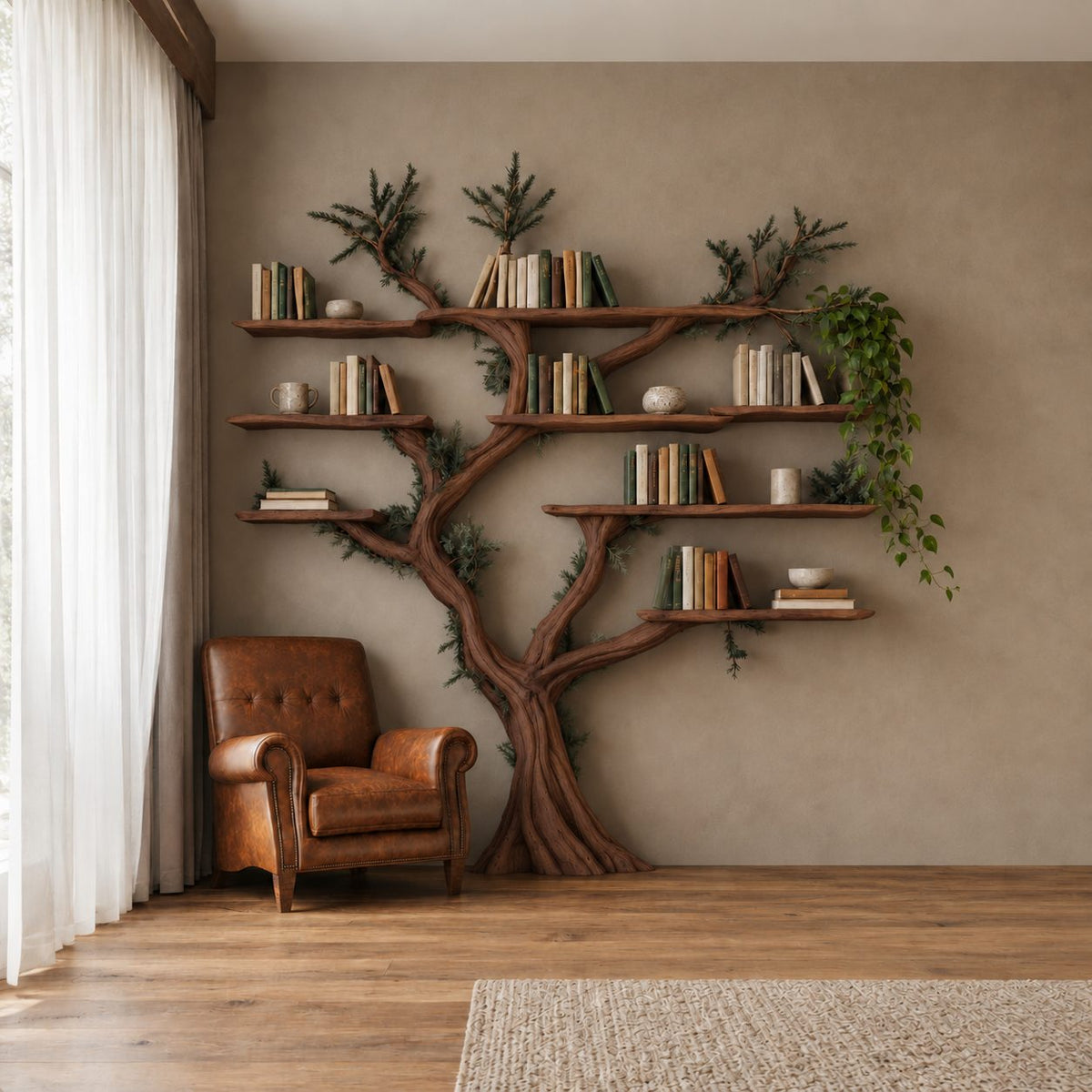 Farmhouse Driftwood Tree Bookshelf With Branch Shelves For Living Room