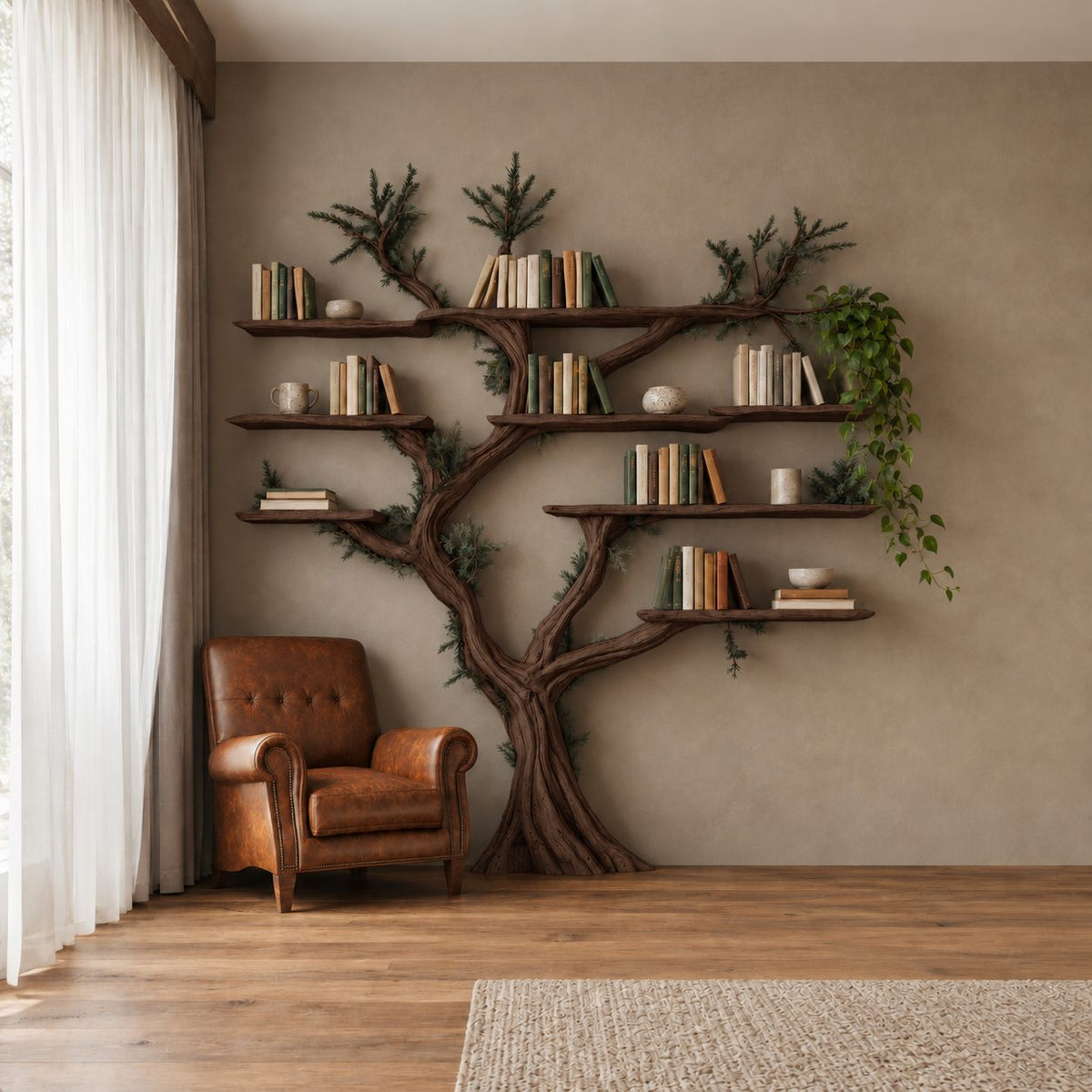 Farmhouse Driftwood Tree Bookshelf With Branch Shelves For Living Room