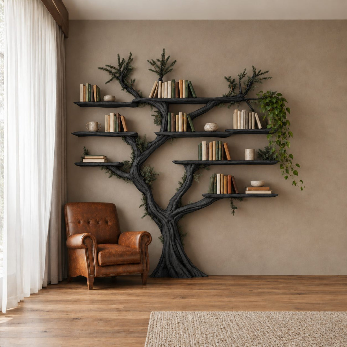 Farmhouse Driftwood Tree Bookshelf With Branch Shelves For Living Room