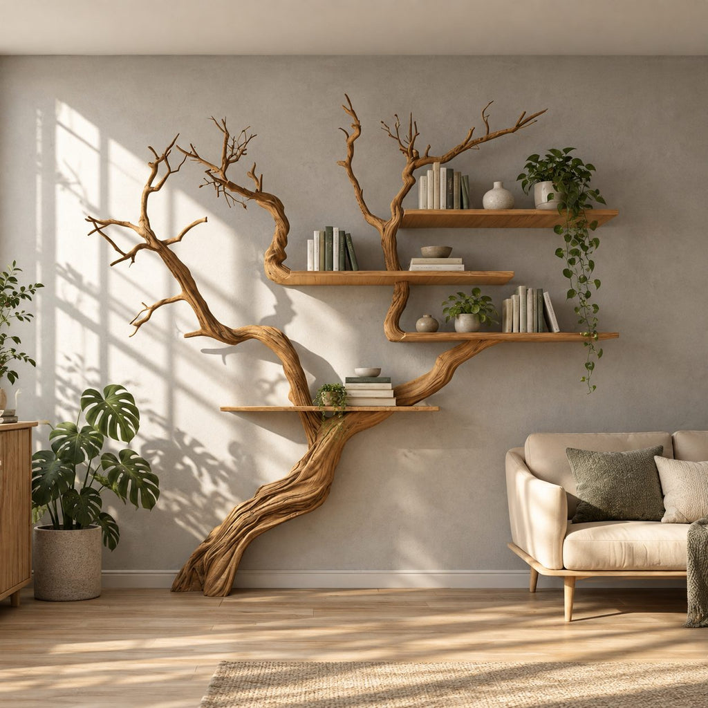 Japandi Tree Branch Wall Bookshelf With 4 Floating Shelves For Living Room