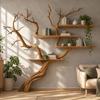 Japandi Tree Branch Wall Bookshelf With 4 Floating Shelves For Living Room