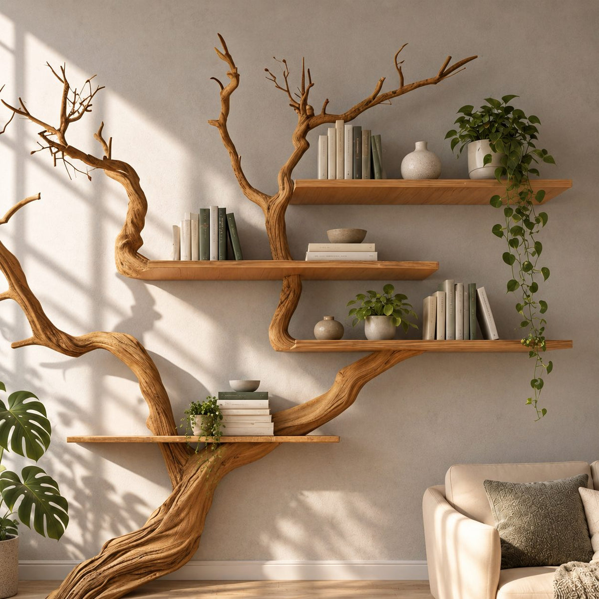 Japandi Tree Branch Wall Bookshelf With 4 Floating Shelves For Living Room