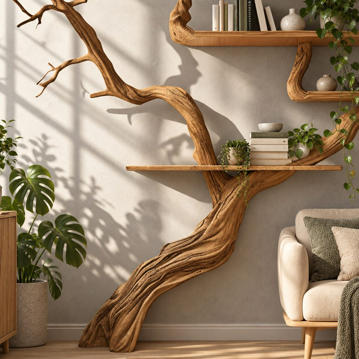 Japandi Tree Branch Wall Bookshelf With 4 Floating Shelves For Living Room