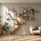 Japandi Tree Branch Wall Bookshelf With 4 Floating Shelves For Living Room