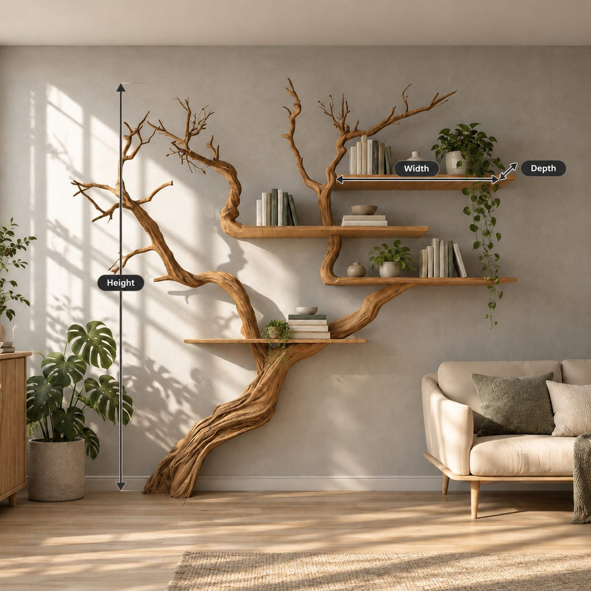 Japandi Tree Branch Wall Bookshelf With 4 Floating Shelves For Living Room