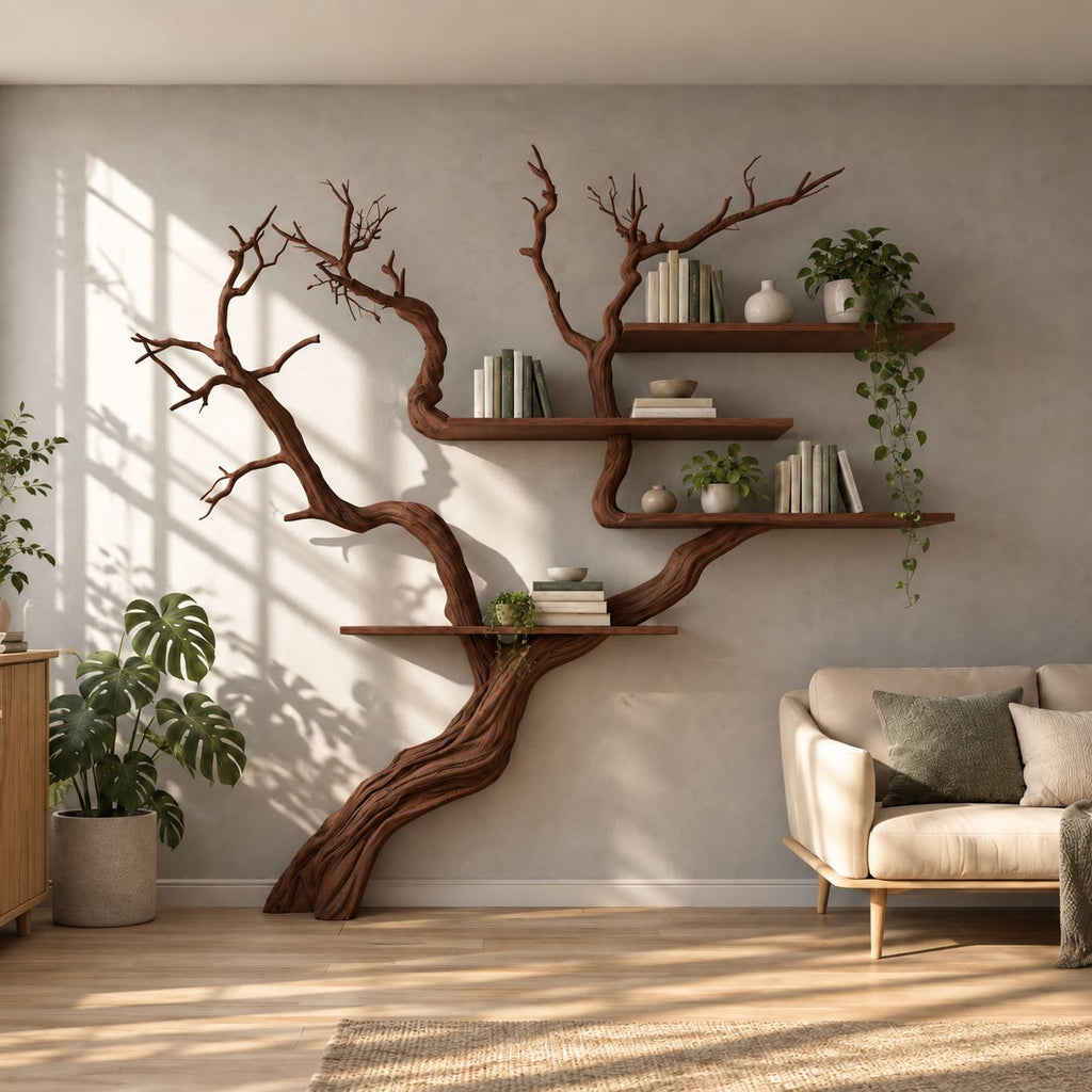 Japandi Tree Branch Wall Bookshelf With 4 Floating Shelves For Living Room