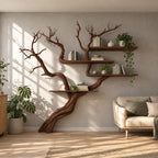 Japandi Tree Branch Wall Bookshelf With 4 Floating Shelves For Living Room