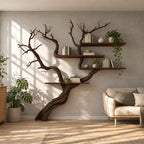 Japandi Tree Branch Wall Bookshelf With 4 Floating Shelves For Living Room