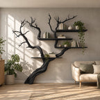 Japandi Tree Branch Wall Bookshelf With 4 Floating Shelves For Living Room