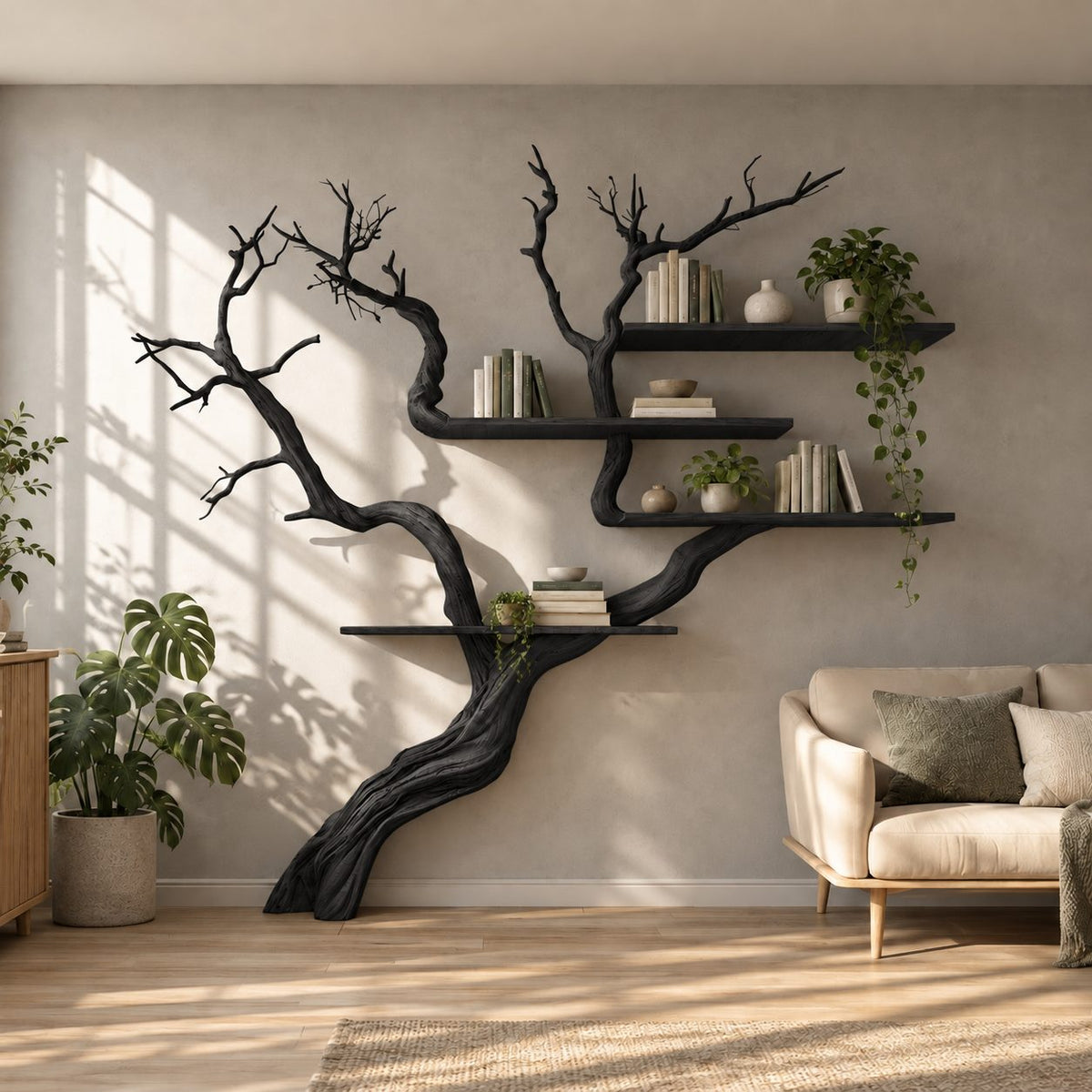Japandi Tree Branch Wall Bookshelf With 4 Floating Shelves For Living Room