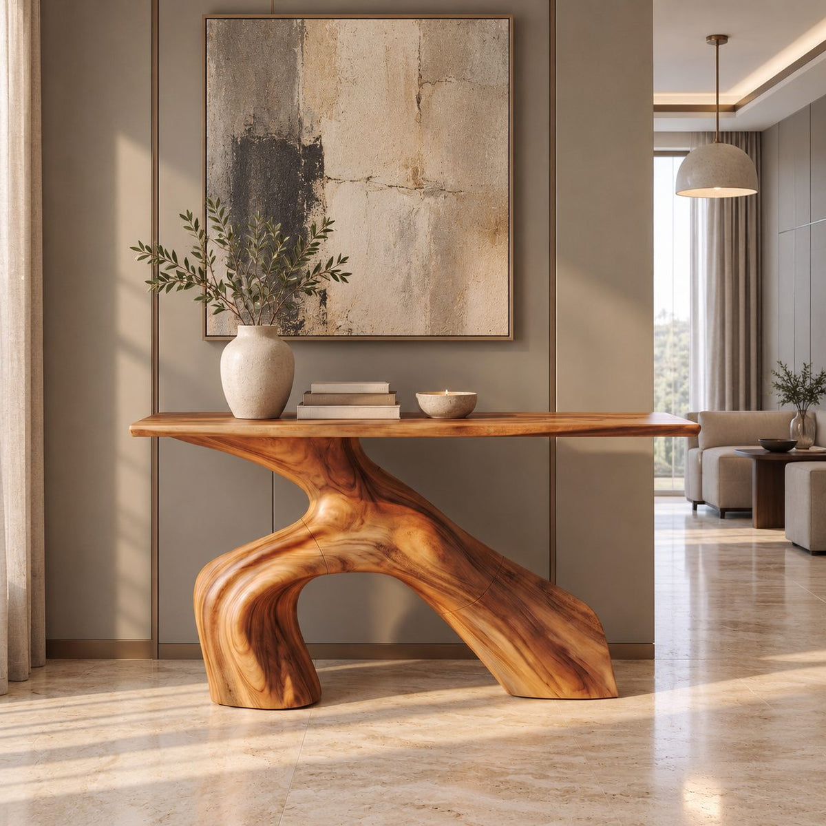 Organic Sculptural Wood Console Table With Arched Trunk Base For Entryway