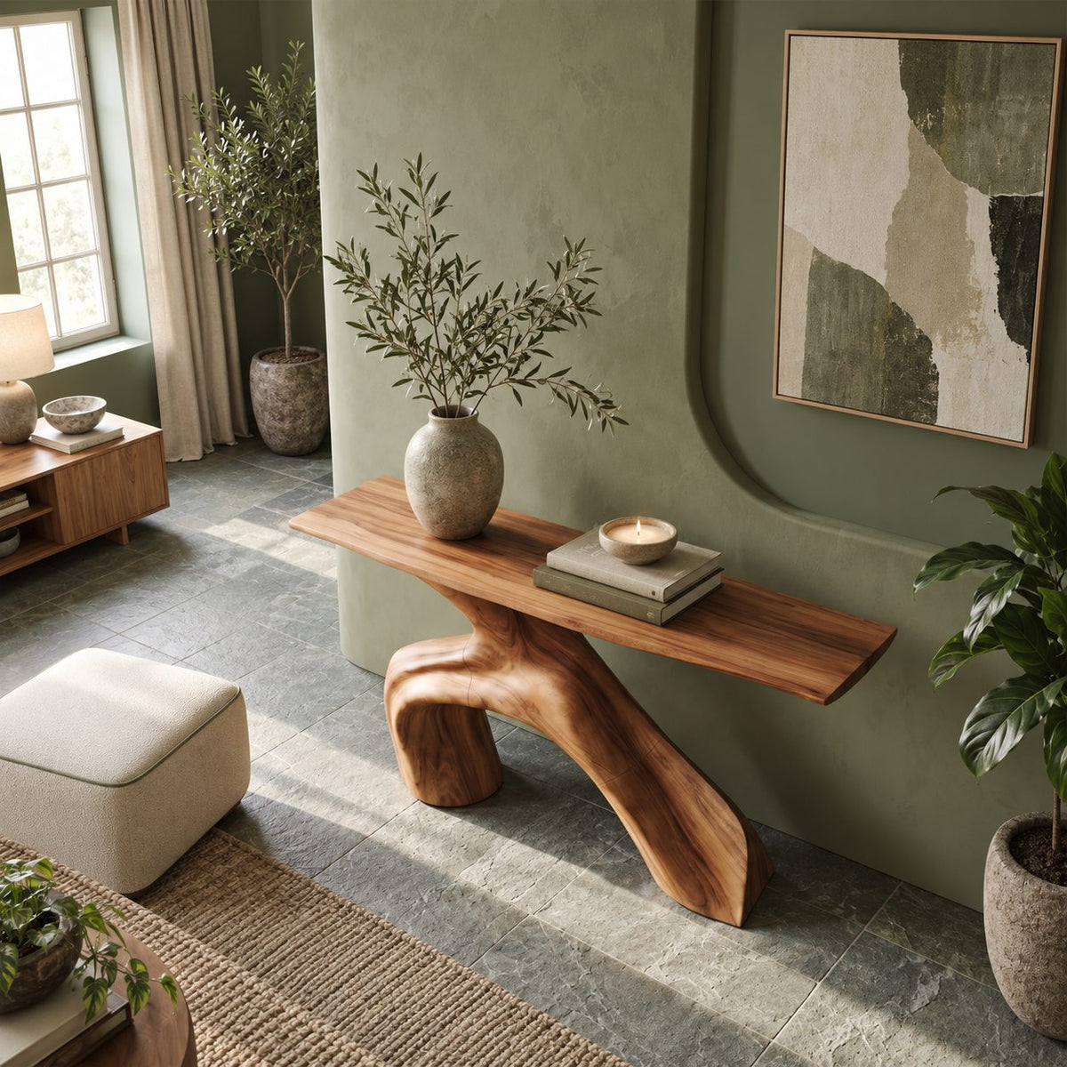 Organic Sculptural Wood Console Table With Arched Trunk Base For Entryway