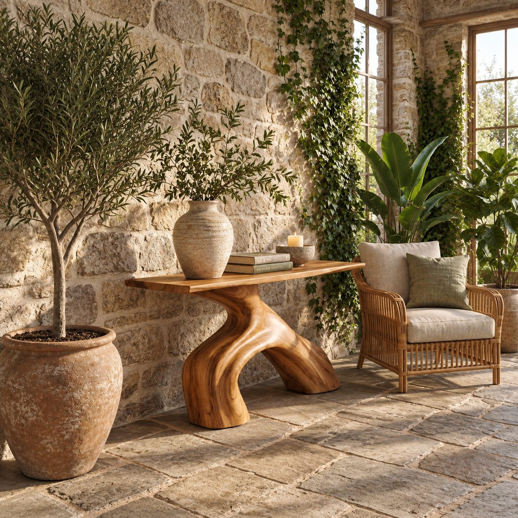 Organic Sculptural Wood Console Table With Arched Trunk Base For Entryway