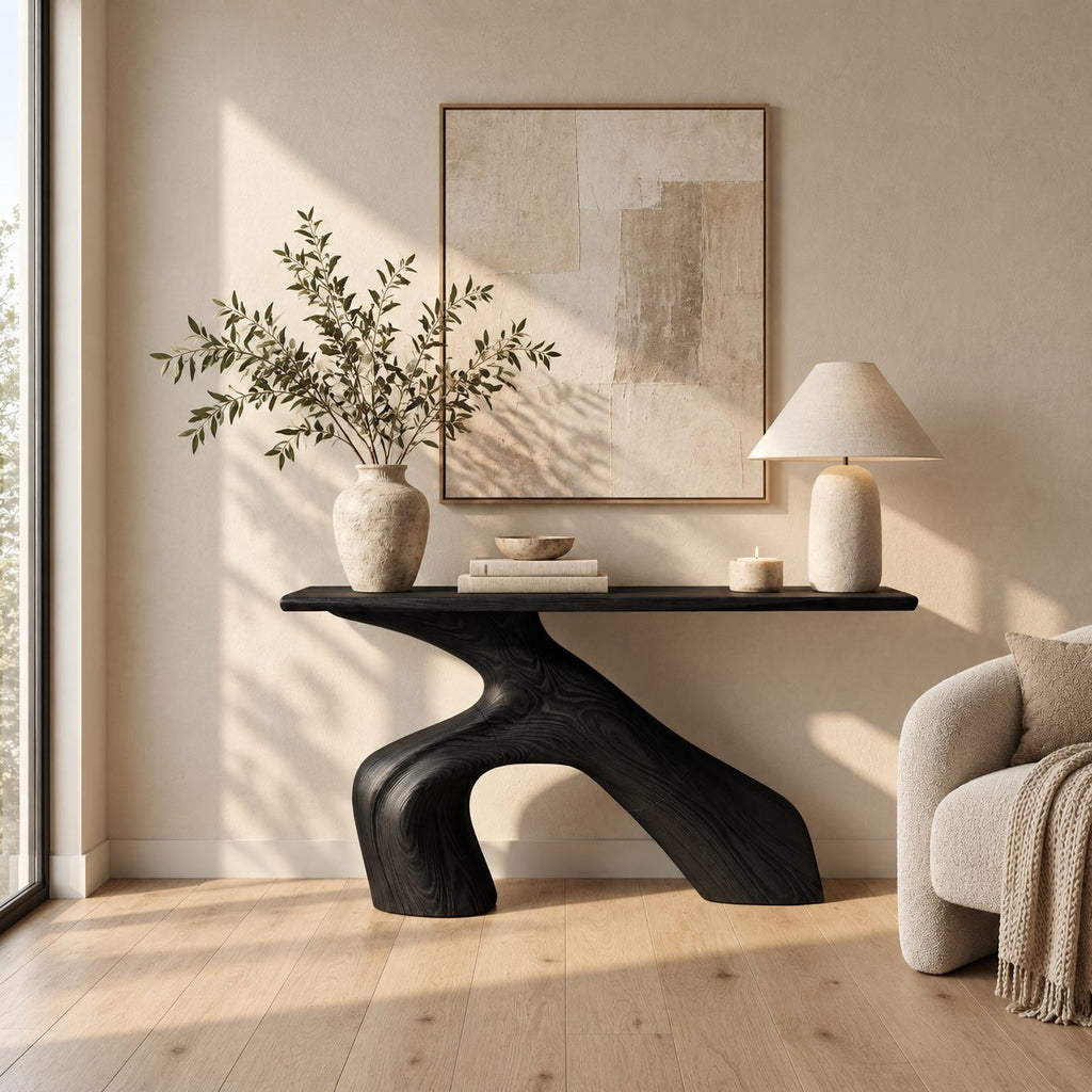 Organic Sculptural Wood Console Table With Arched Trunk Base For Entryway