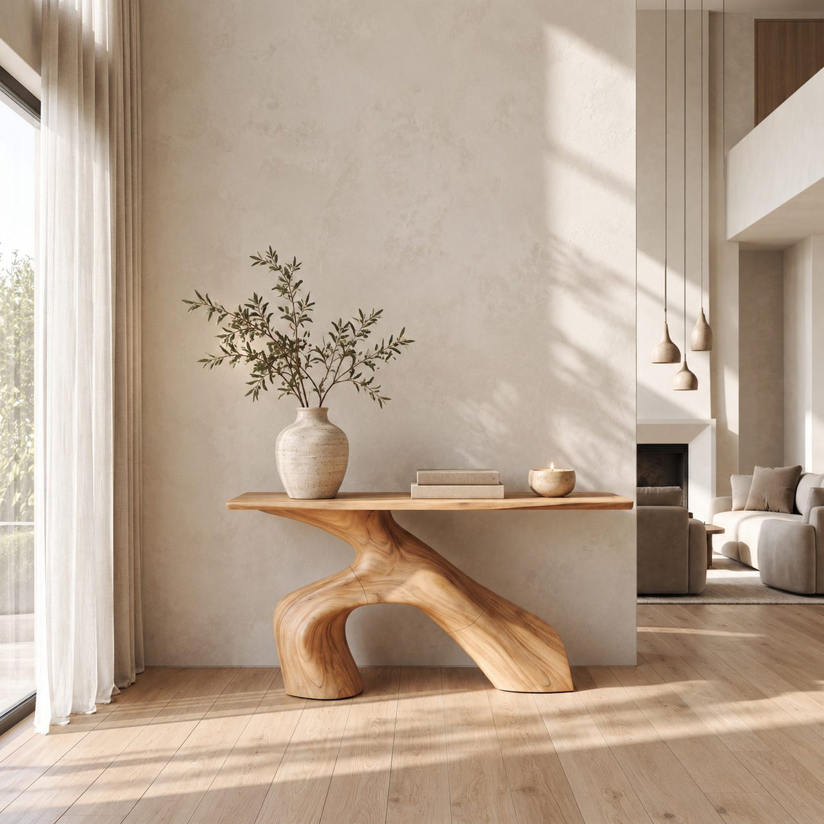 Organic Sculptural Wood Console Table With Arched Trunk Base For Entryway