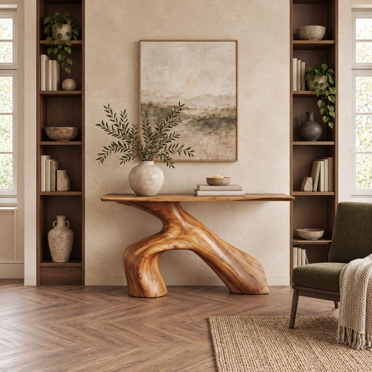 Organic Sculptural Wood Console Table With Arched Trunk Base For Entryway