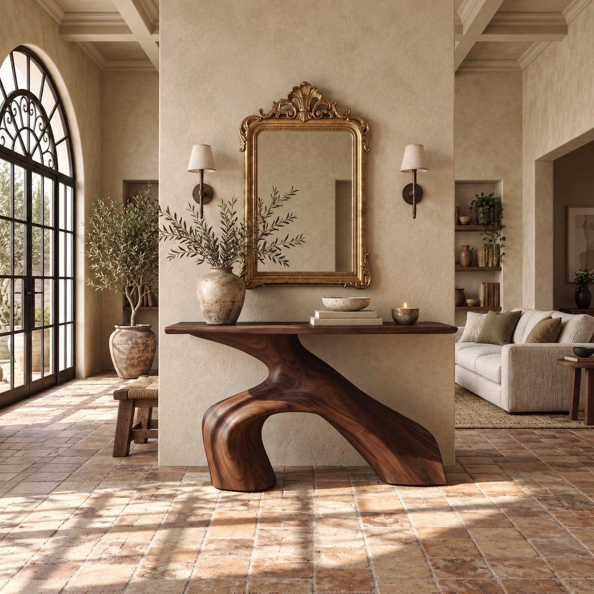 Organic Sculptural Wood Console Table With Arched Trunk Base For Entryway