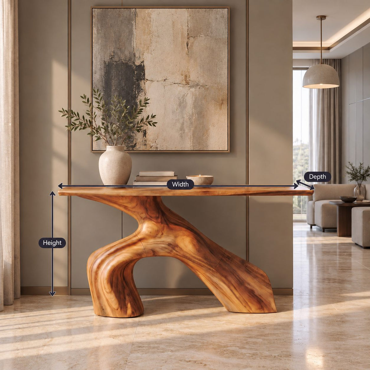 Organic Sculptural Wood Console Table With Arched Trunk Base For Entryway