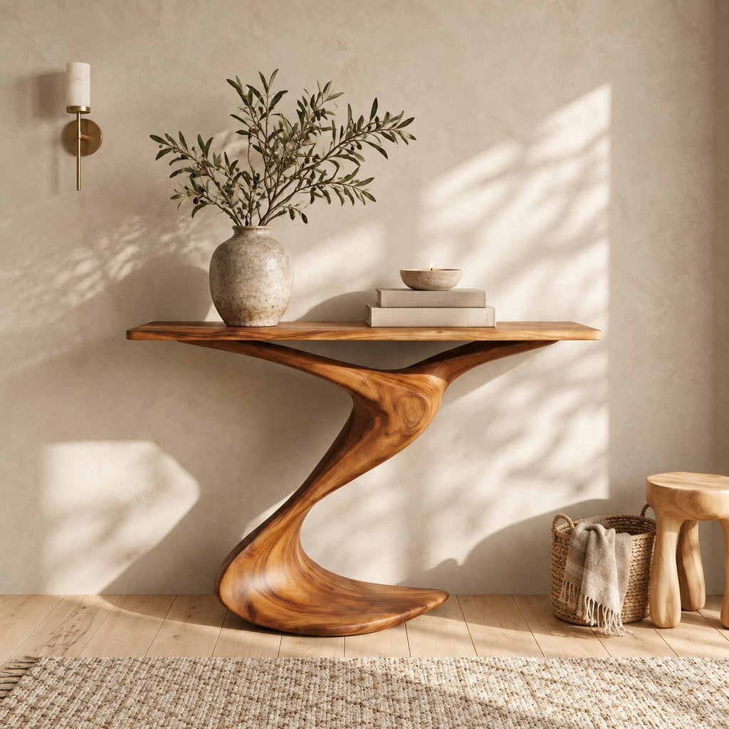 Modern Curved Wood Console Table With Wave Pedestal Base For Hallway