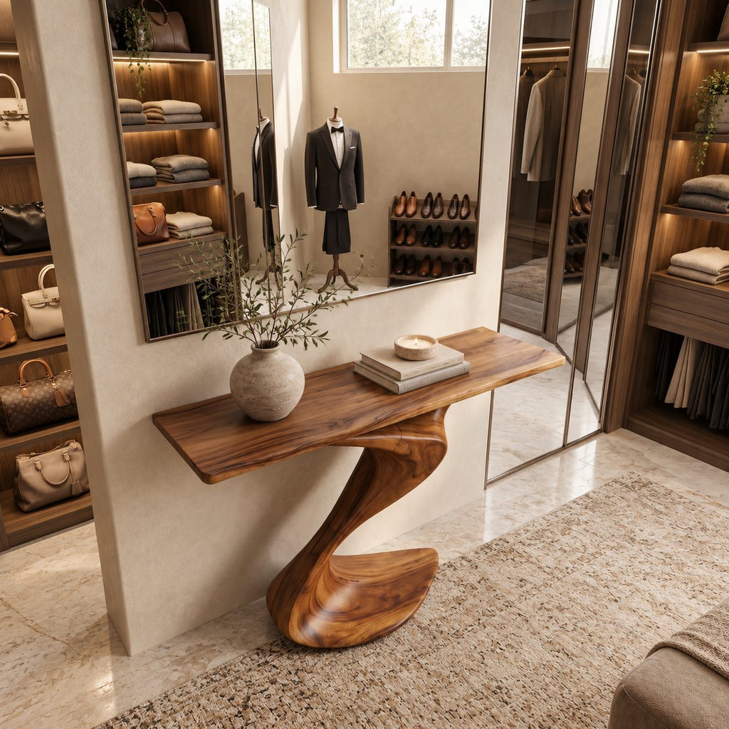 Modern Curved Wood Console Table With Wave Pedestal Base For Hallway