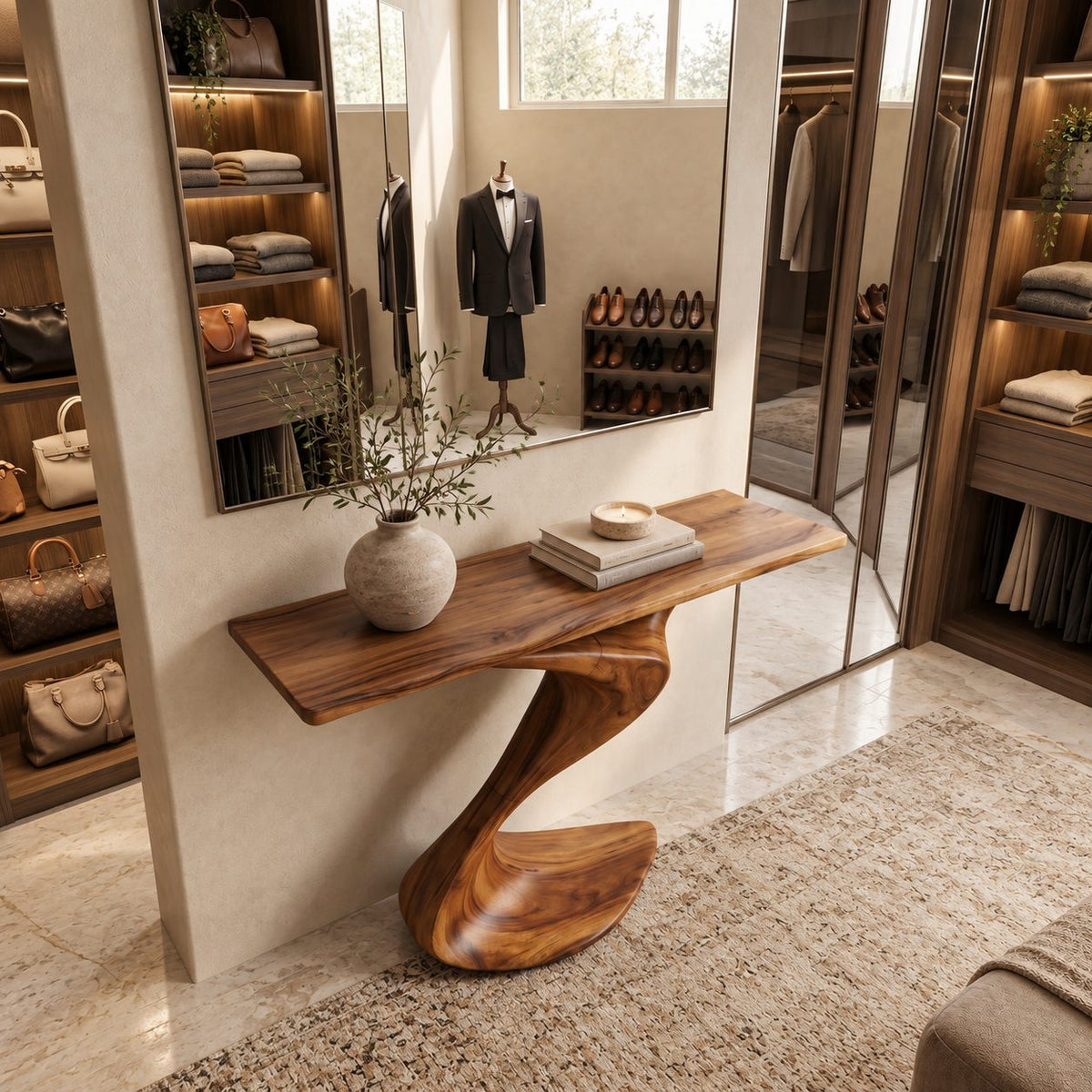 Modern Curved Wood Console Table With Wave Pedestal Base For Hallway