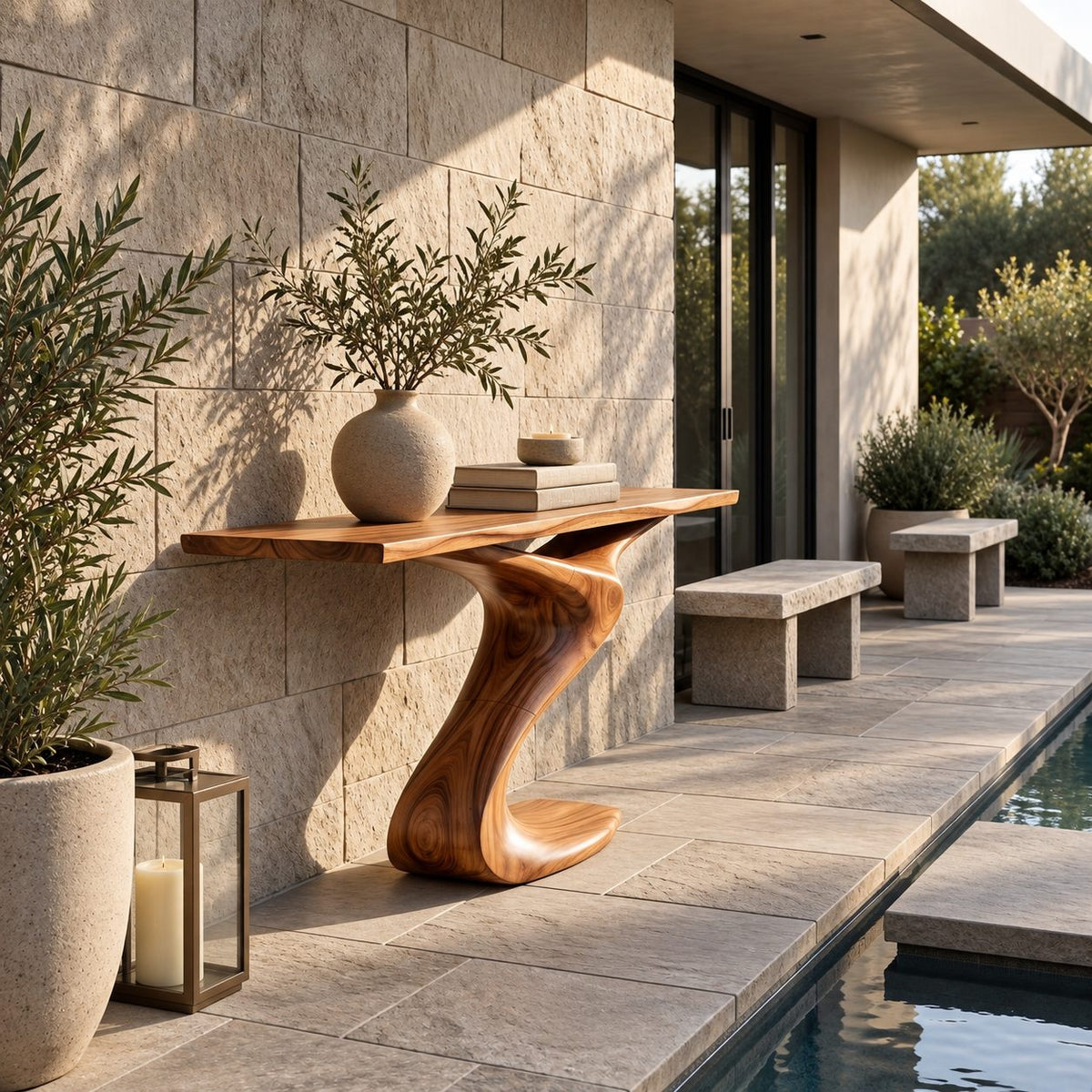 Modern Curved Wood Console Table With Wave Pedestal Base For Hallway