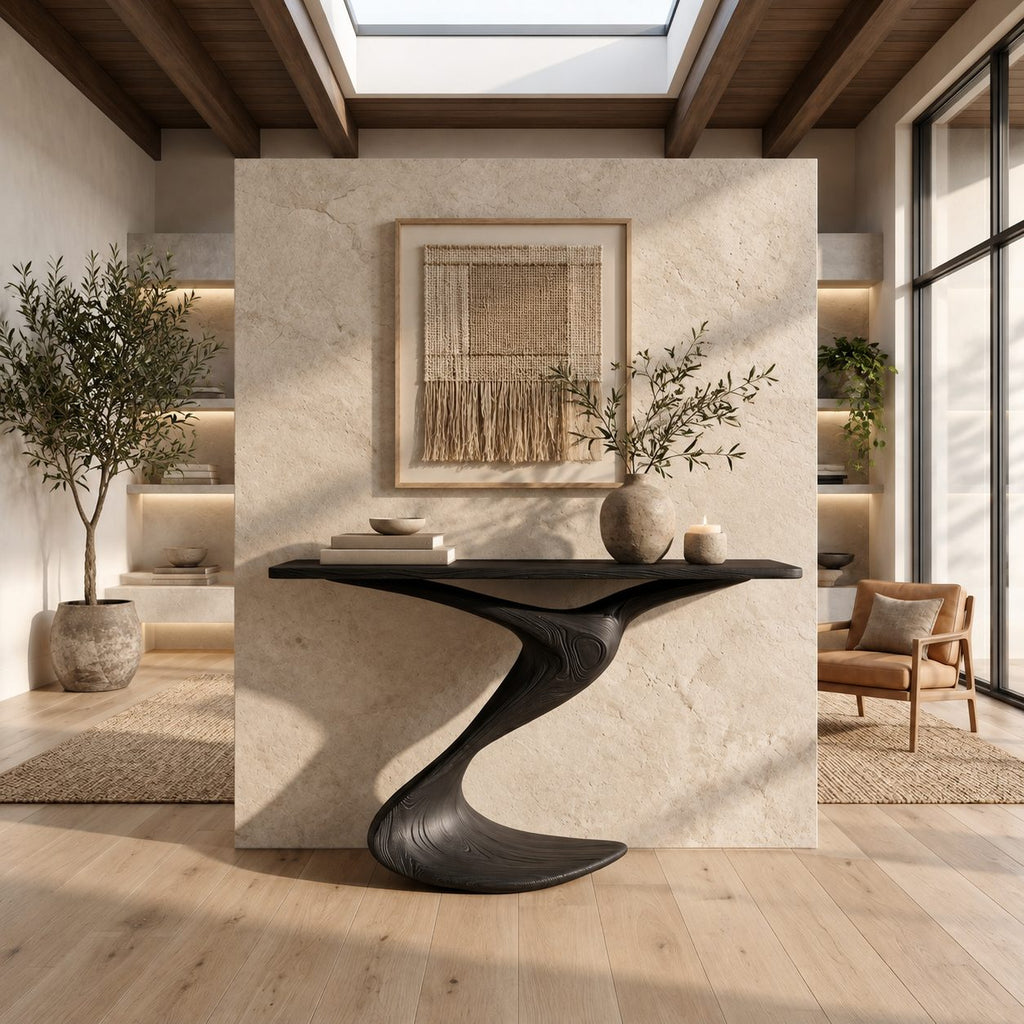 Modern Curved Wood Console Table With Wave Pedestal Base For Hallway