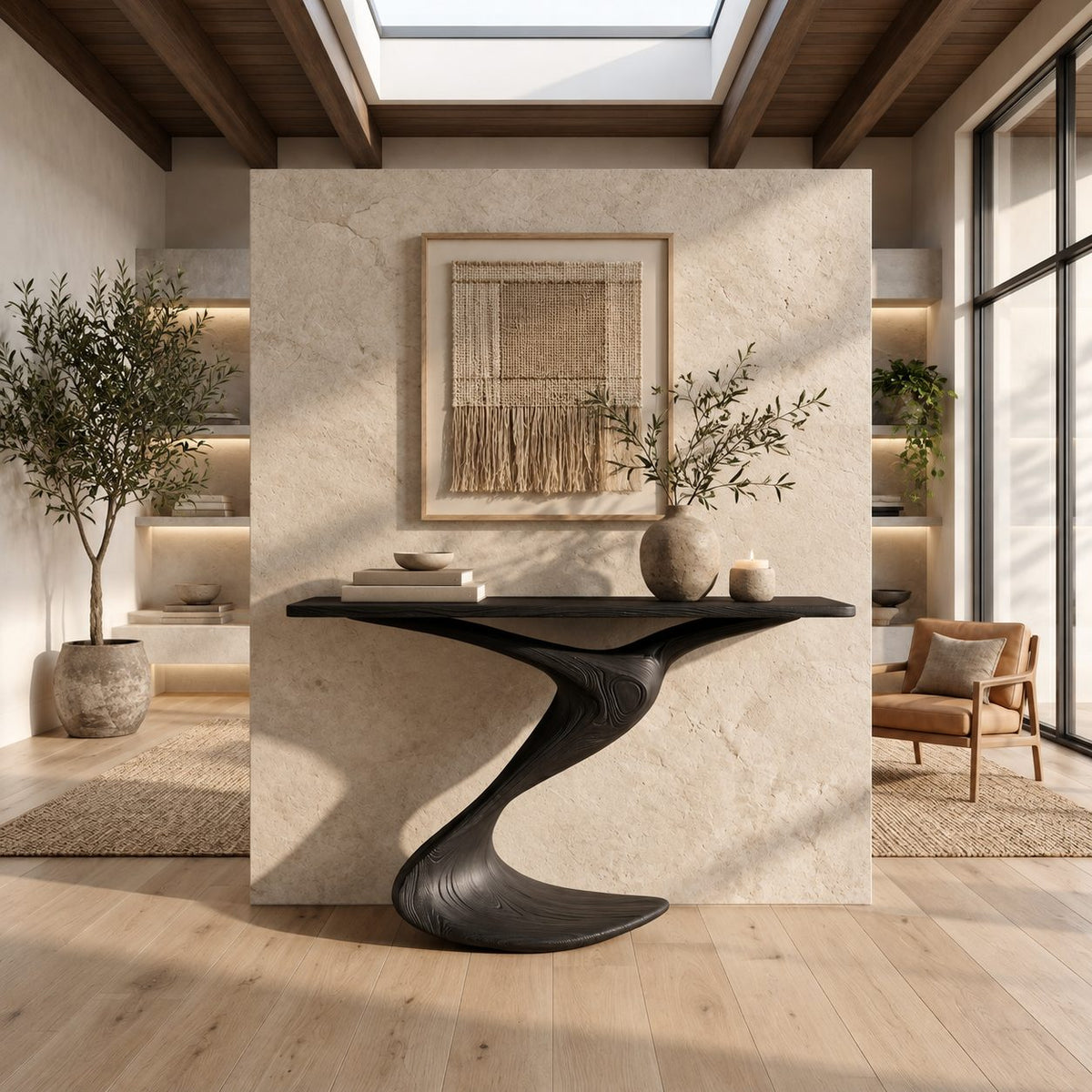 Modern Curved Wood Console Table With Wave Pedestal Base For Hallway